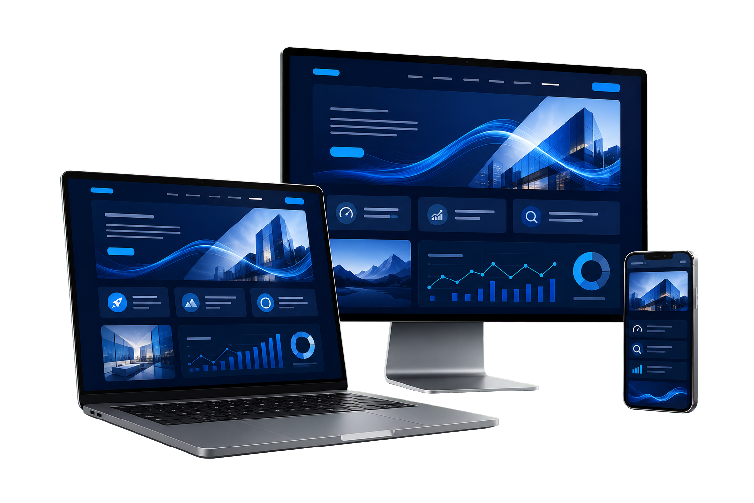 Site profissional responsivo exibido em computador, notebook e celular